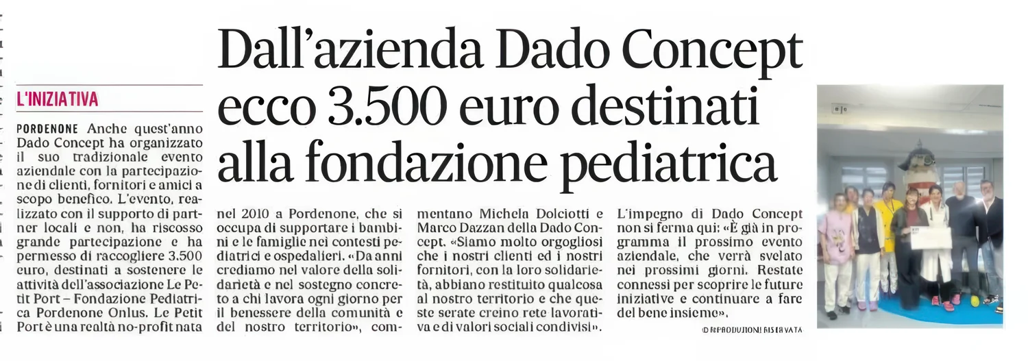 Dall'Azienda Dado Concept: €3.500 destinati alla fondazione pediatrica